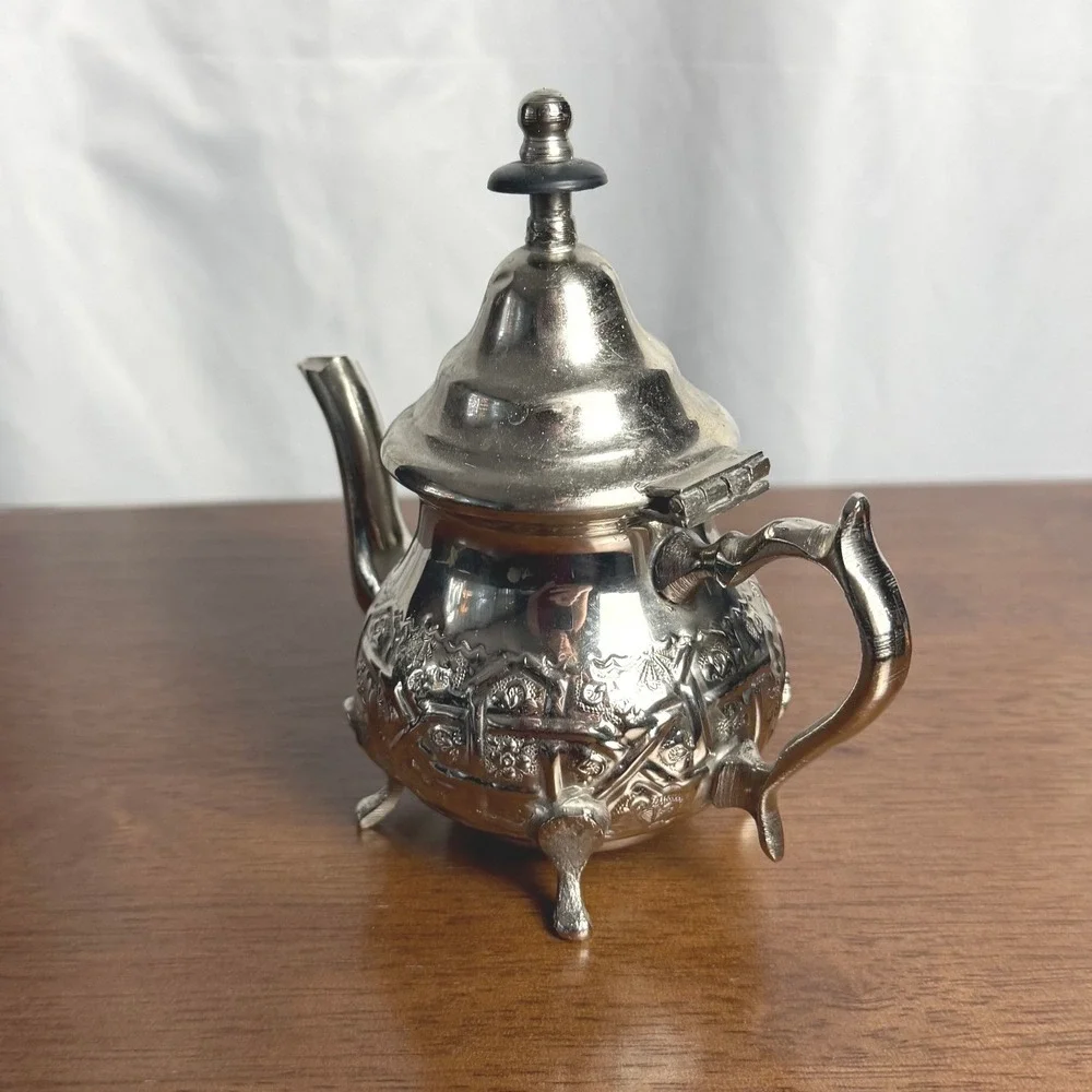 VTG Moroccan Silver Plate Teapot Repousse Footed Fez Style Wood Finial Signed